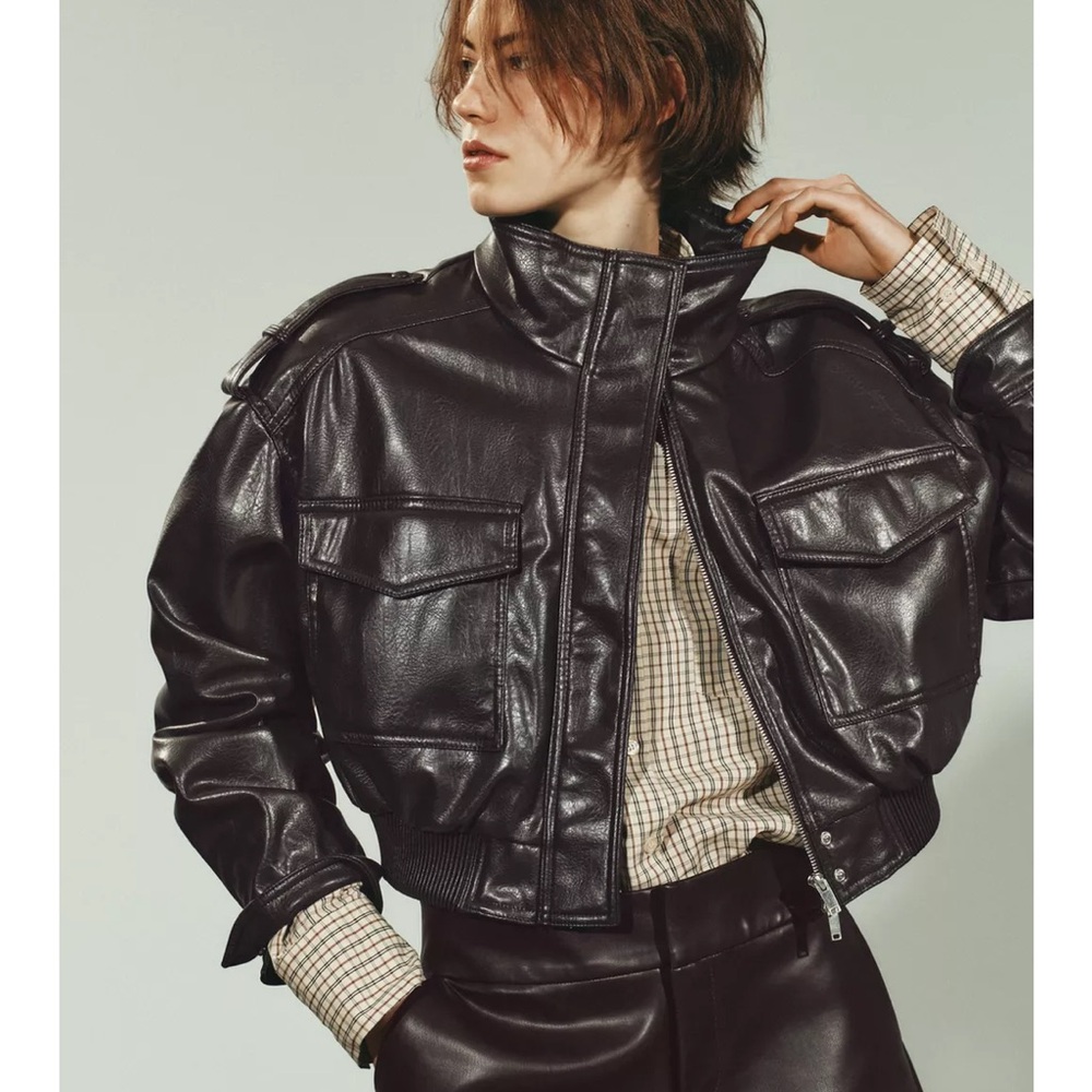 Zara Brown Faux Leather Bomber Jacket - Picture 5 of 9
